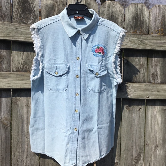 Biker Vintage Large Denim cut off Sleeves Shirt - Picture 2 of 8